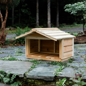 Outdoor cat feeding station, wooden food shelter with extended roof