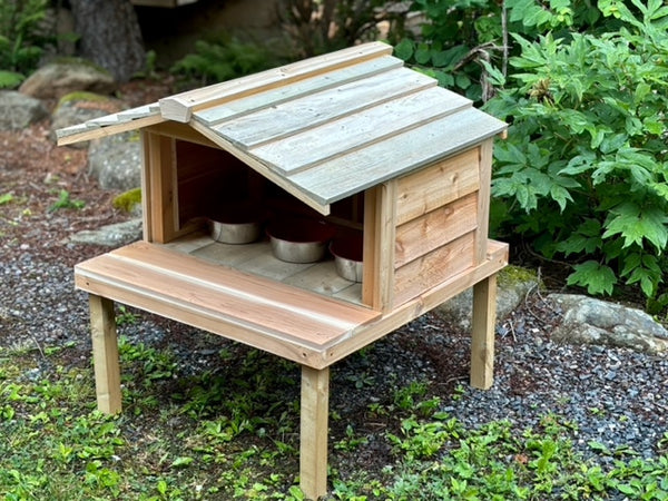 Wooden outdoor cat feeding station - Feral cat food shelter with elevated platform