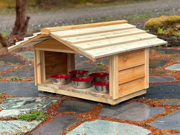 Outdoor cat feeding station, feral cat food shelter