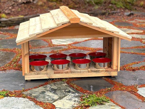 Outdoor cat feeding station, wooden food shelter for feral cats